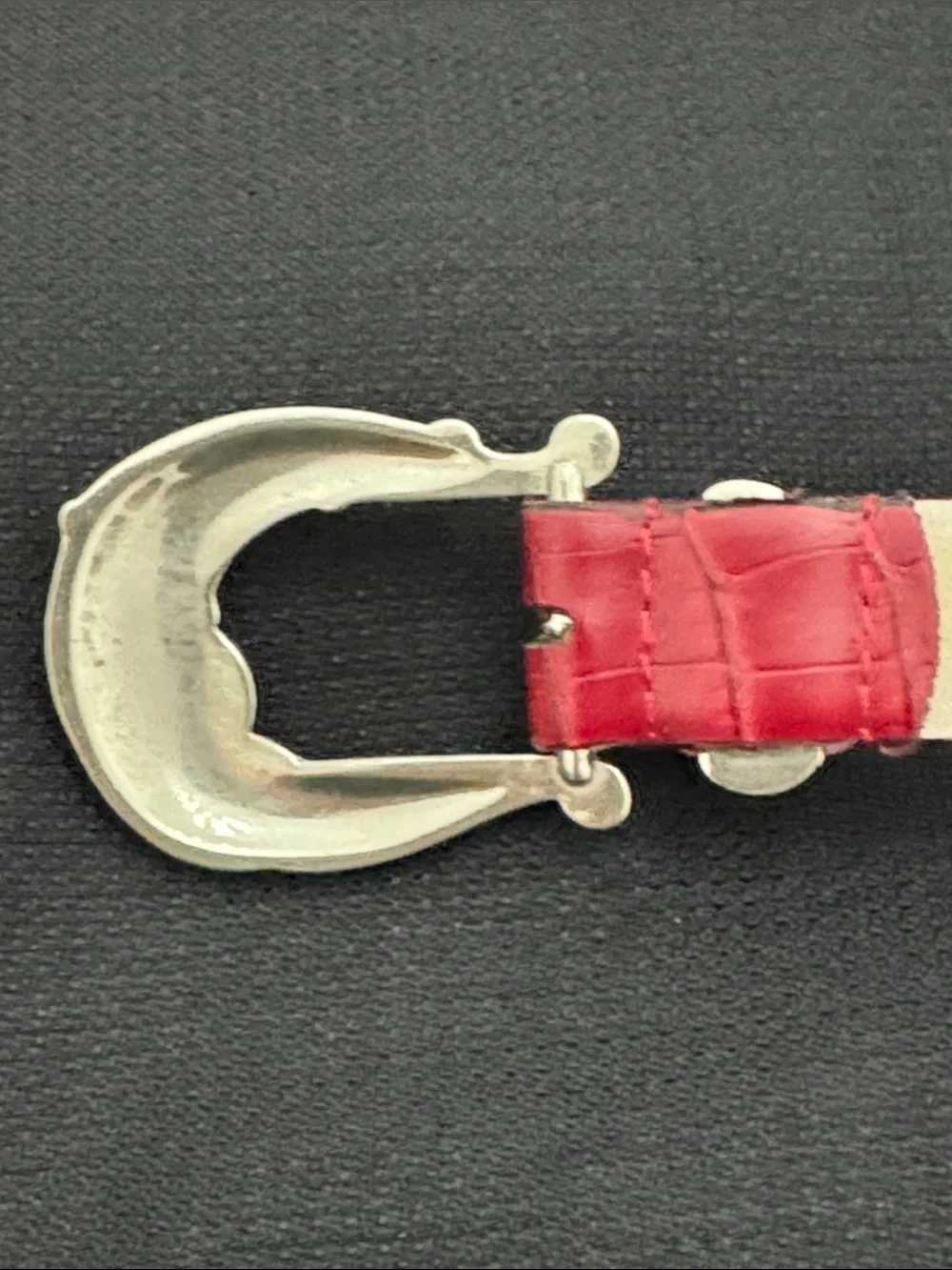 Women's Red Croc-Embossed leather Belt with Decorative Silver tone Buckle (mlb)